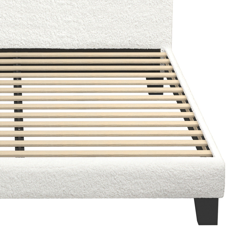White Boucle Fabric Bed Frame with Wooden Slats and Durable Design Double