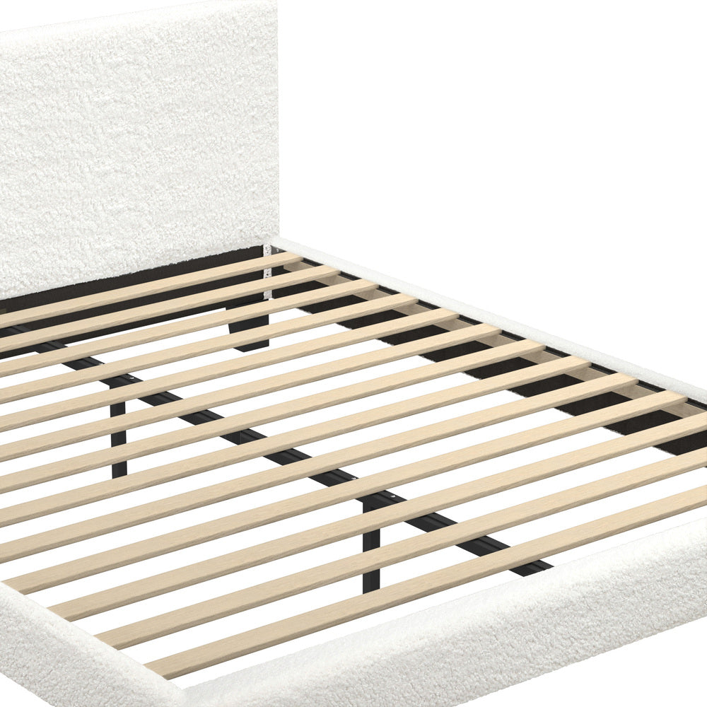 White Boucle Fabric Bed Frame with Wooden Slats and Durable Design Double