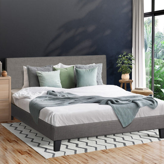 Contemporary Platform Bed with Grey Fabric and Wooden Slats
