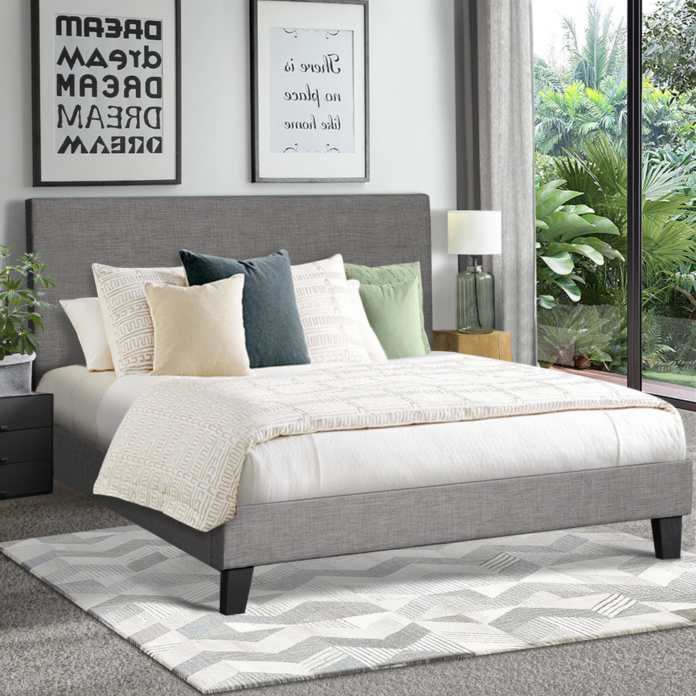 Contemporary Platform Bed with Grey Fabric and Wooden Slats for King Size Mattress