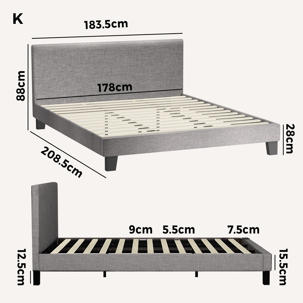 Contemporary Platform Bed with Grey Fabric and Wooden Slats for King Size Mattress