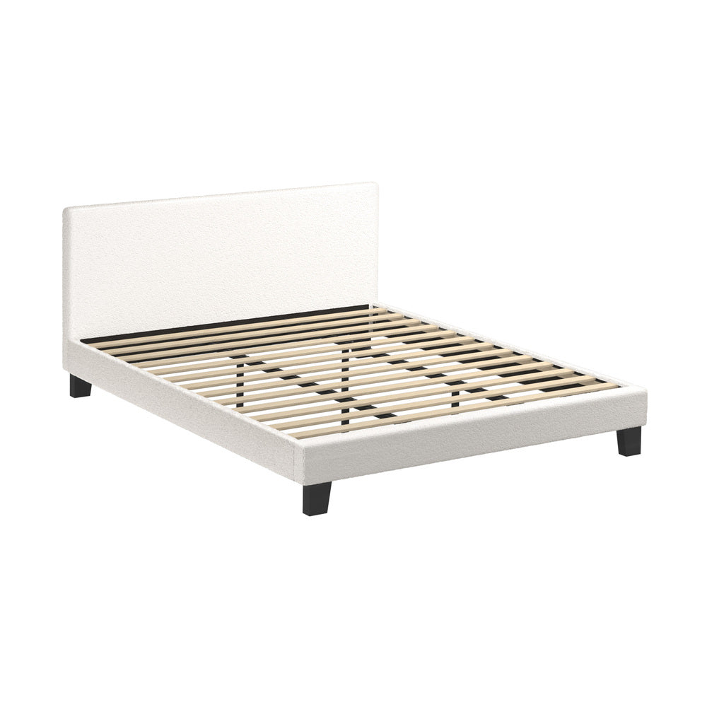 White Boucle Fabric Bed Frame with Wooden Slats and Sturdy Construction King