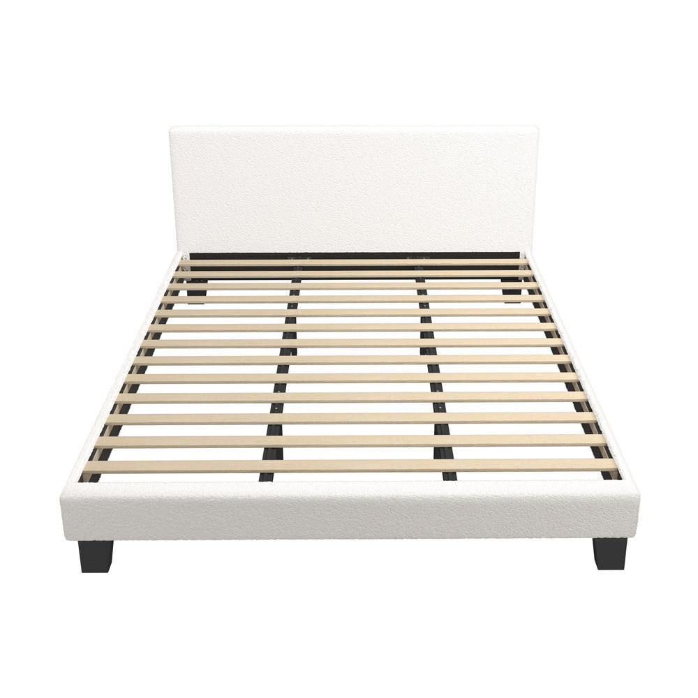 White Boucle Fabric Bed Frame with Wooden Slats and Sturdy Construction King