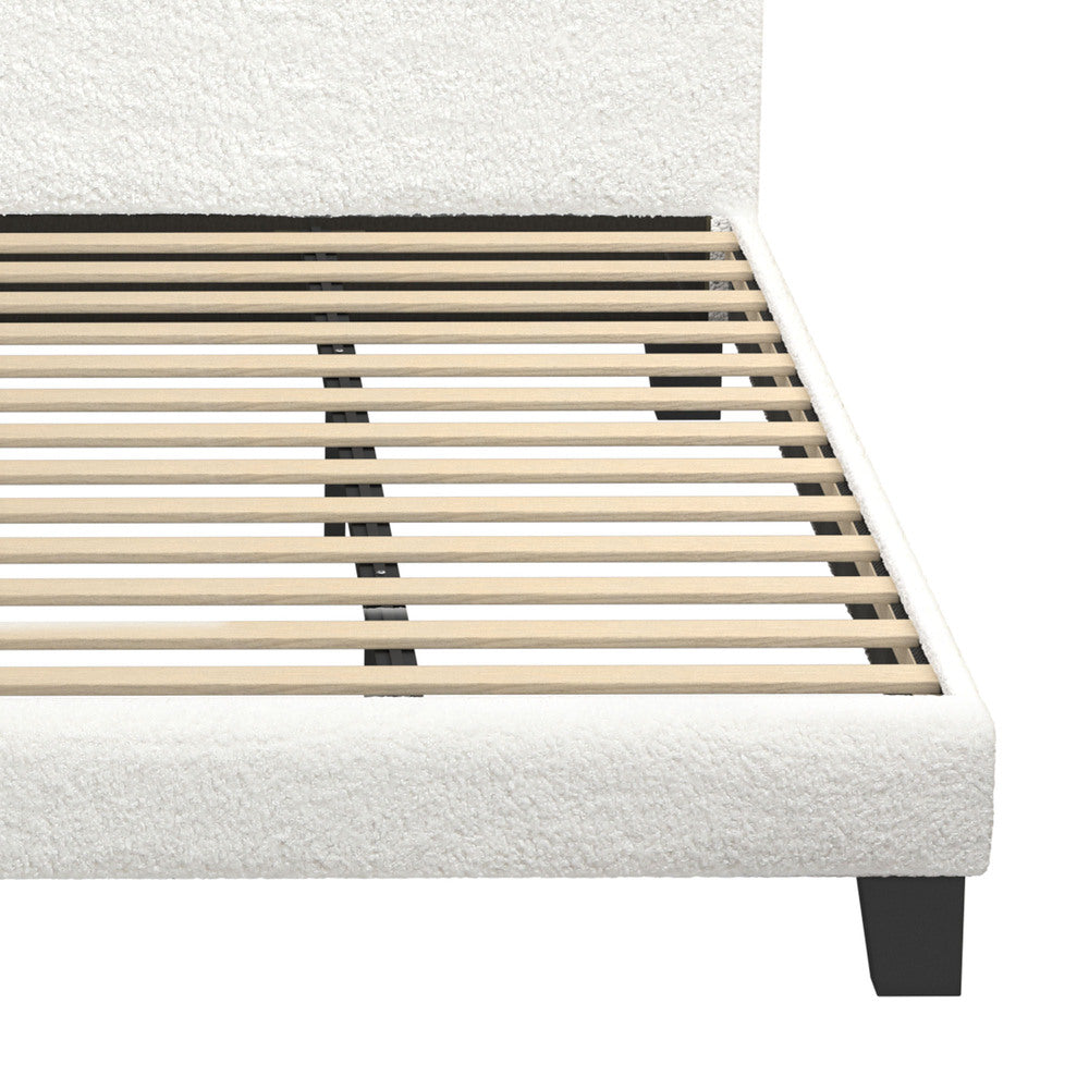 White Boucle Fabric Bed Frame with Wooden Slats and Sturdy Construction King