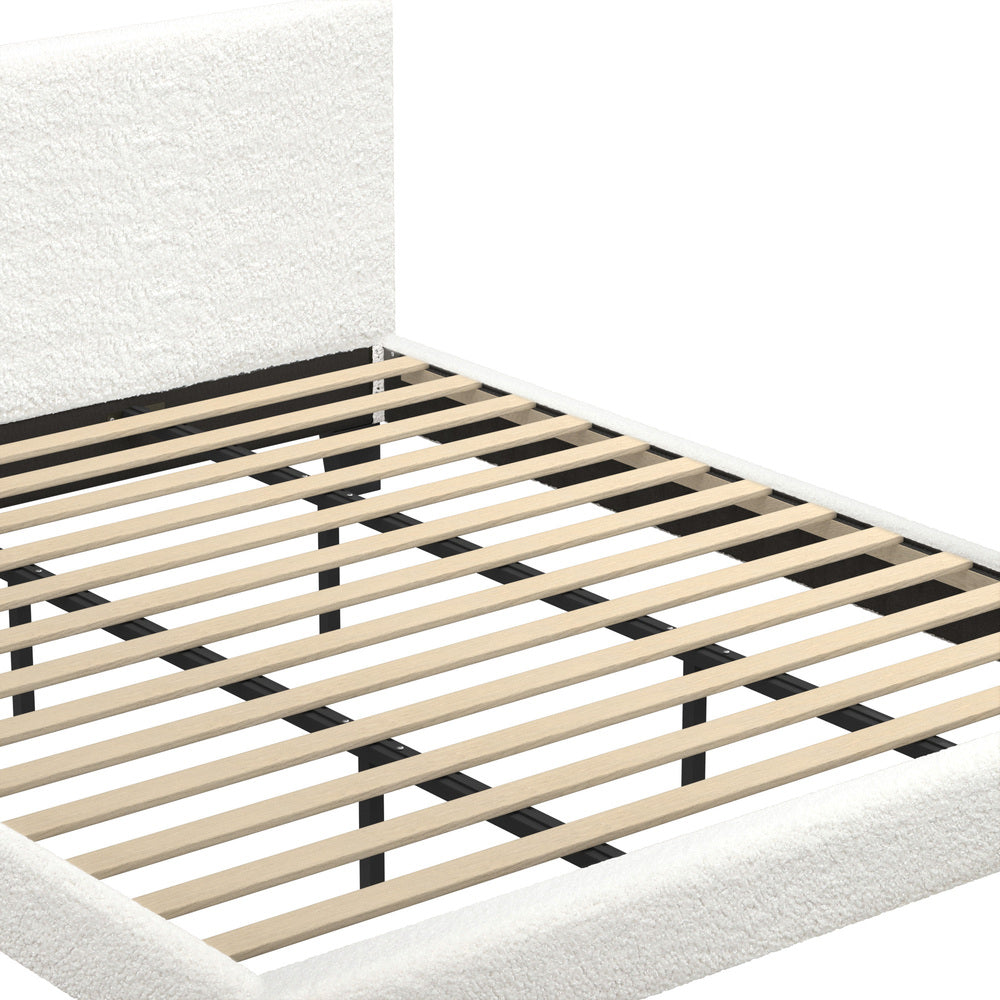 White Boucle Fabric Bed Frame with Wooden Slats and Sturdy Construction King