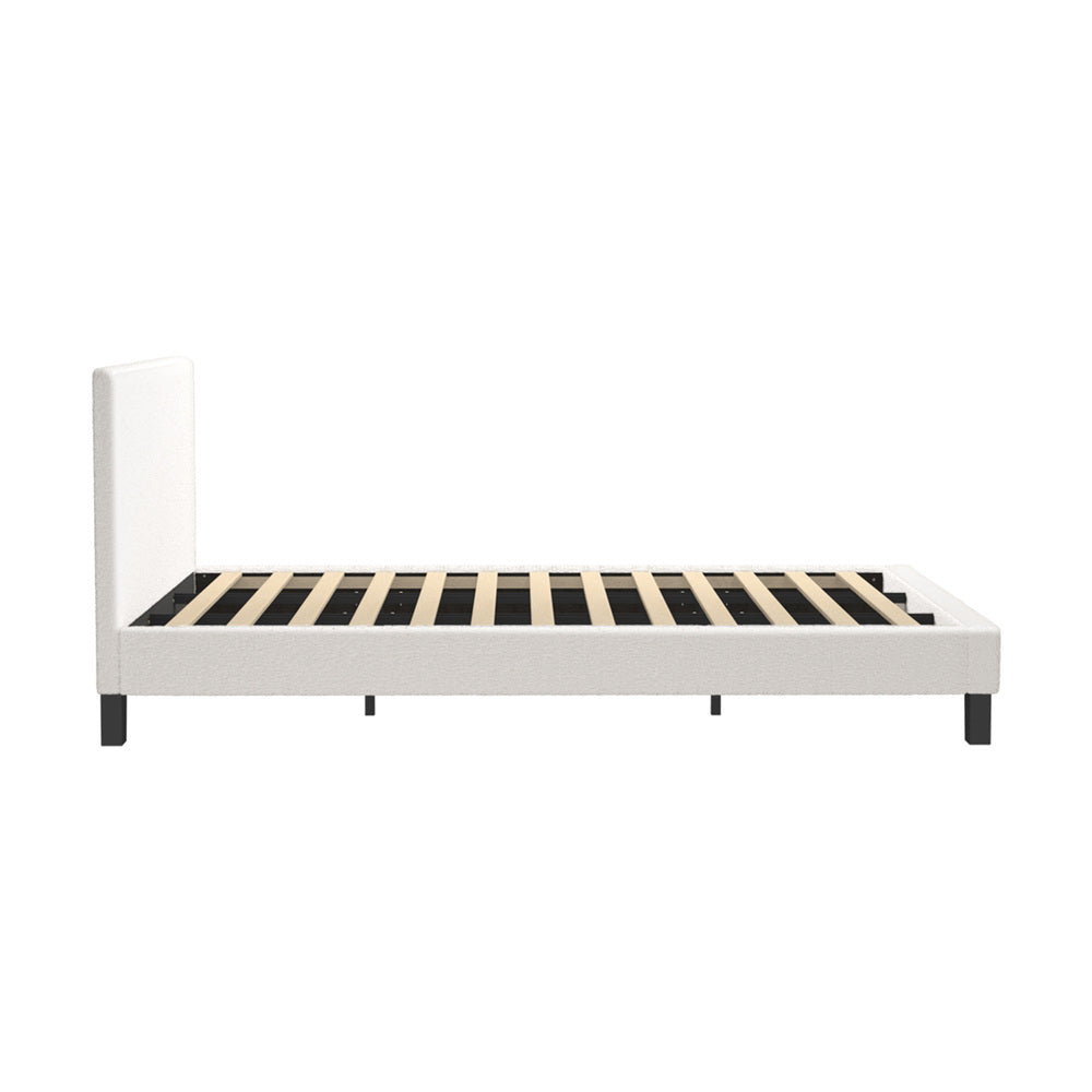 White Boucle Fabric Bed Frame with Wooden Slats and Sturdy Construction King
