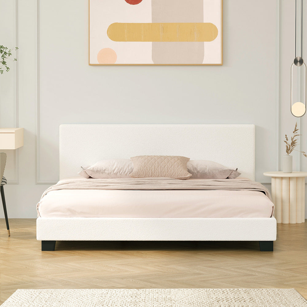 White Boucle Fabric Bed Frame with Wooden Slats and Sturdy Construction King