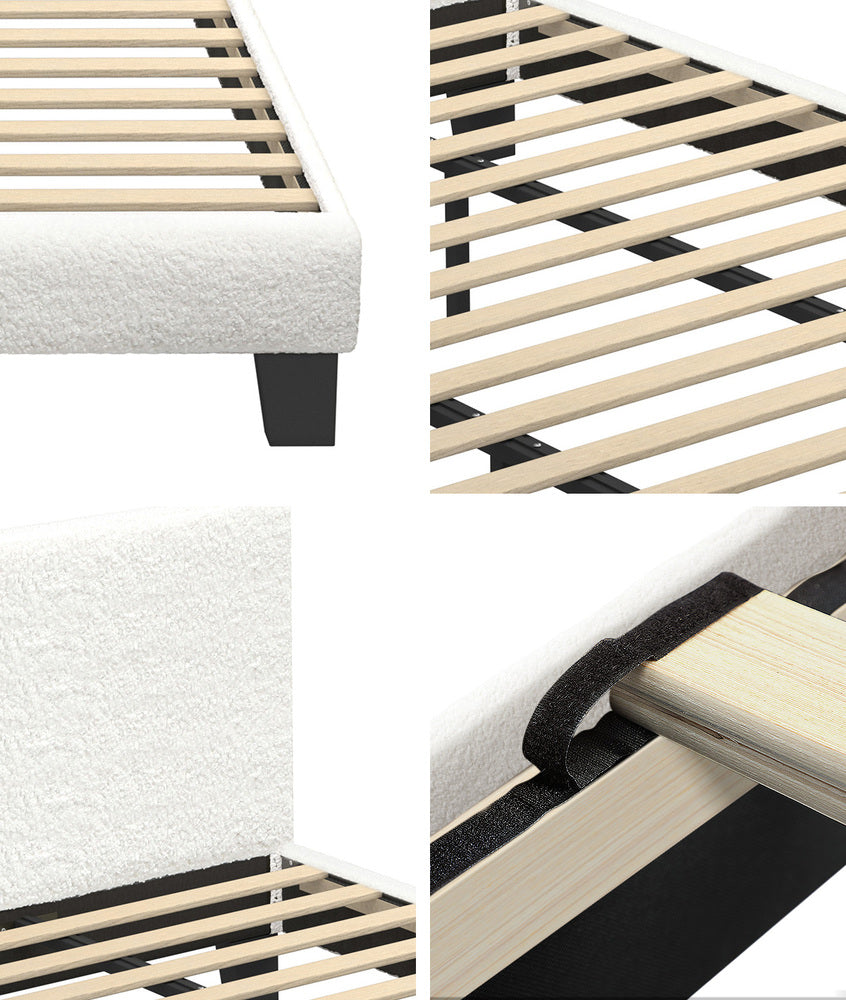 White Boucle Fabric Bed Frame with Wooden Slats and Sturdy Construction King