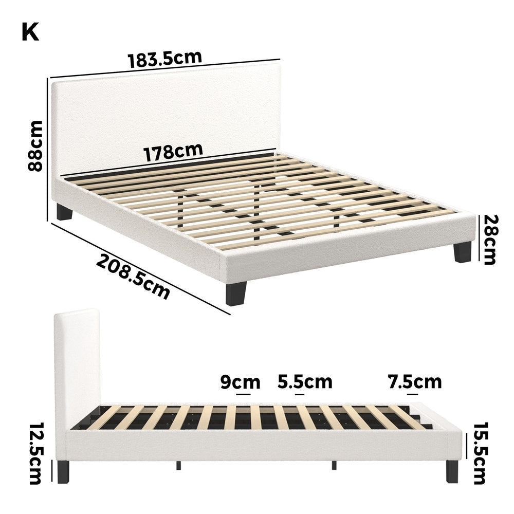 White Boucle Fabric Bed Frame with Wooden Slats and Sturdy Construction King