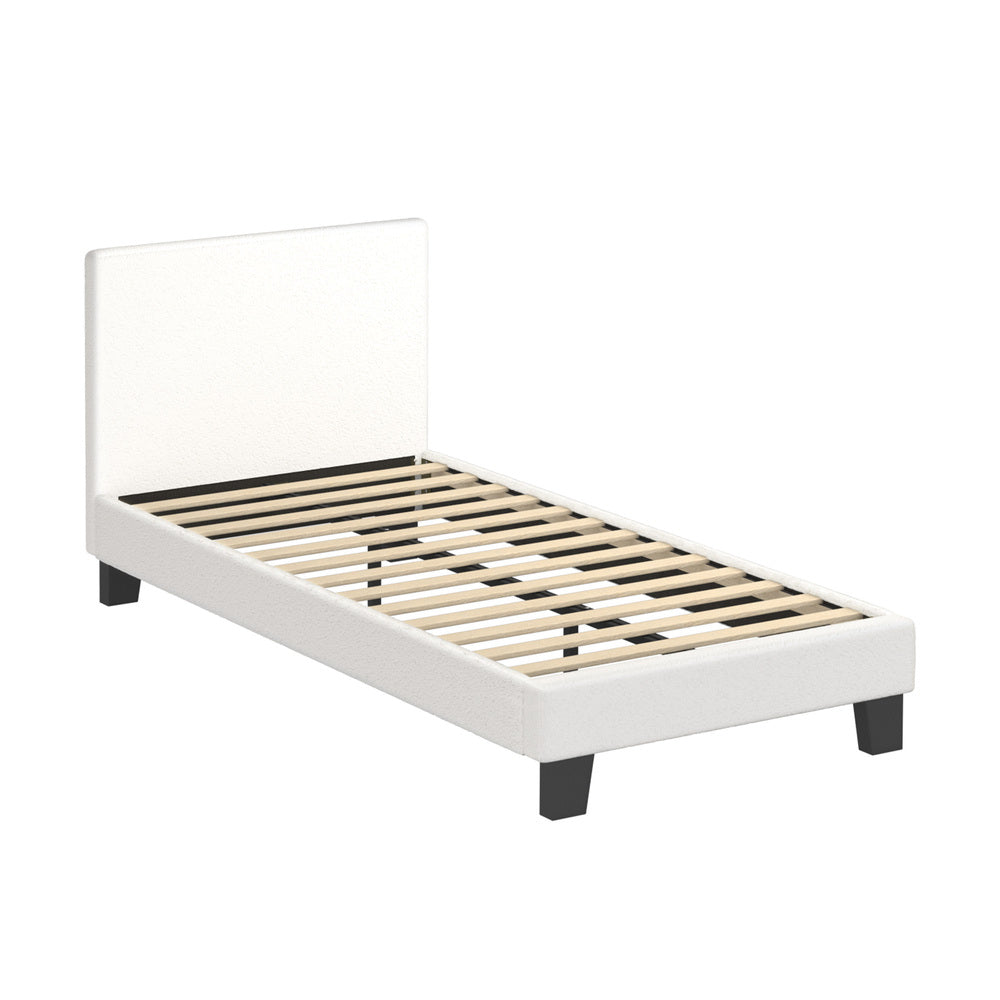 White Boucle Bed Frame with Wooden Slats and Durable Design King Single
