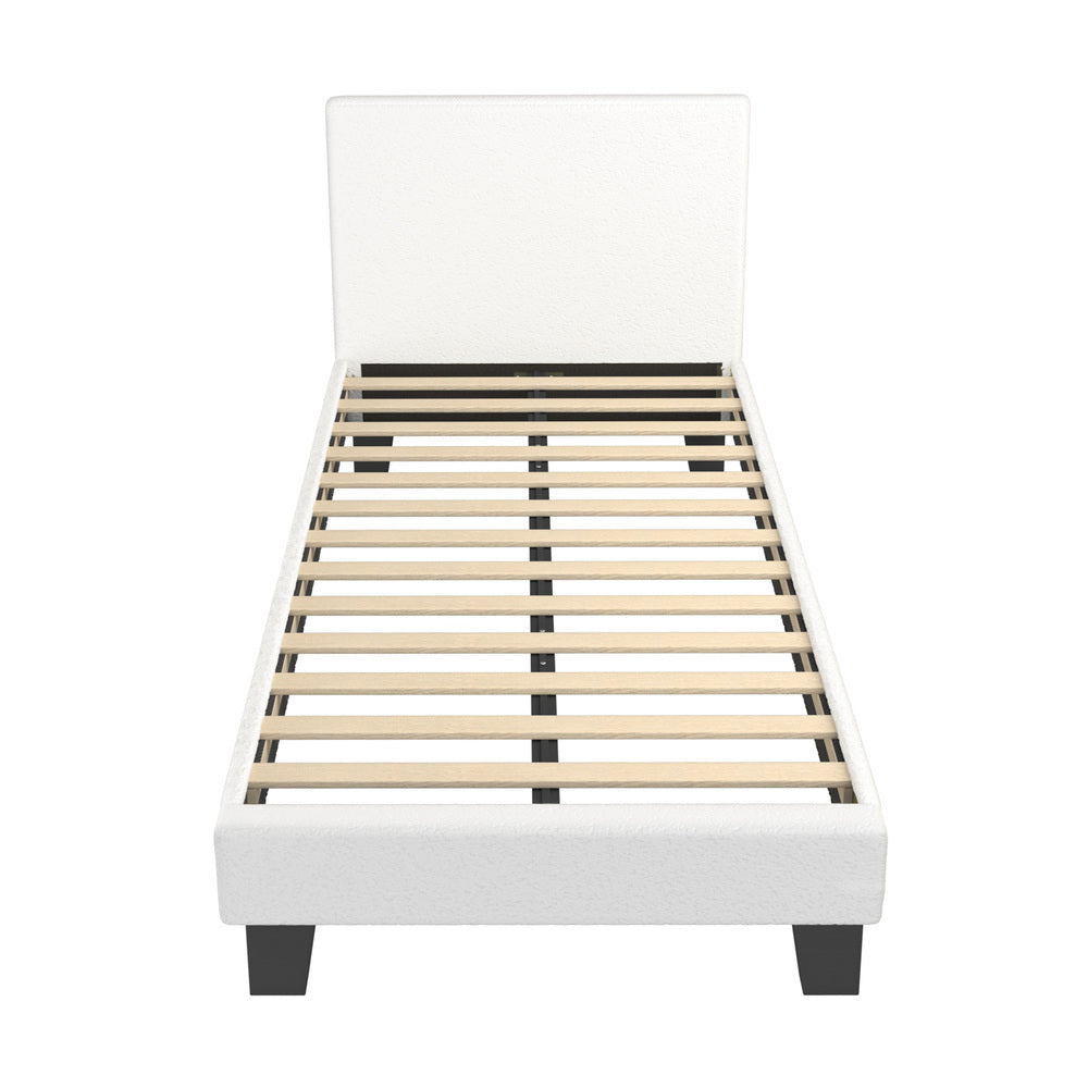 White Boucle Bed Frame with Wooden Slats and Durable Design King Single