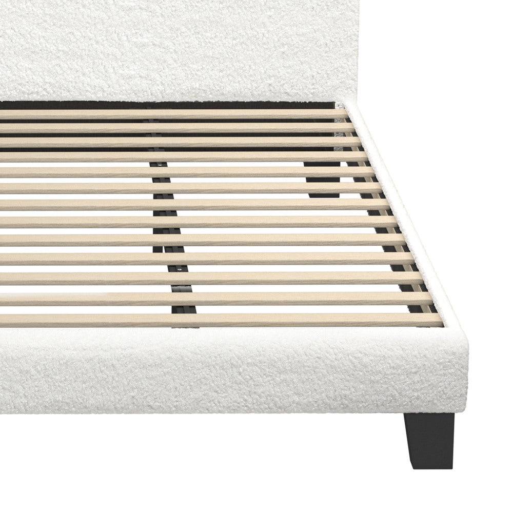 White Boucle Bed Frame with Wooden Slats and Durable Design King Single
