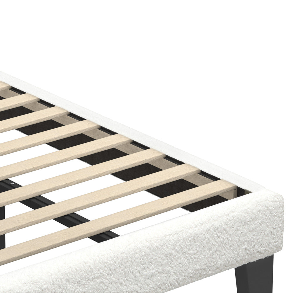 White Boucle Bed Frame with Wooden Slats and Durable Design King Single