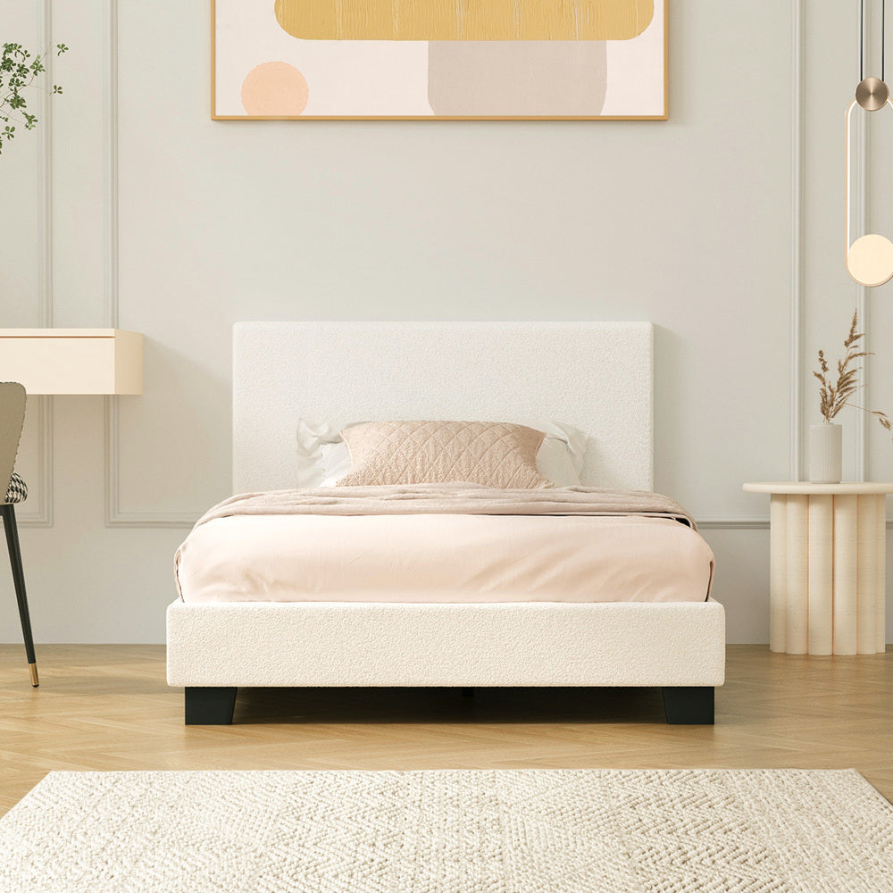 White Boucle Bed Frame with Wooden Slats and Durable Design King Single