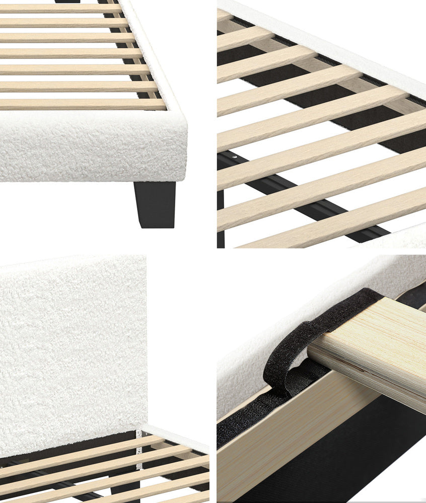 White Boucle Bed Frame with Wooden Slats and Durable Design King Single