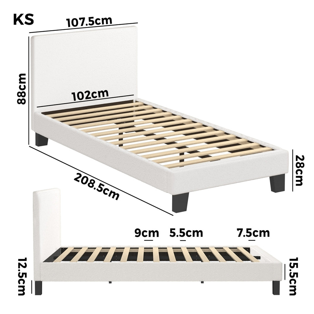 White Boucle Bed Frame with Wooden Slats and Durable Design King Single