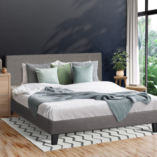 Grey Fabric Bed Frame with Wooden Slats and Sturdy Modern