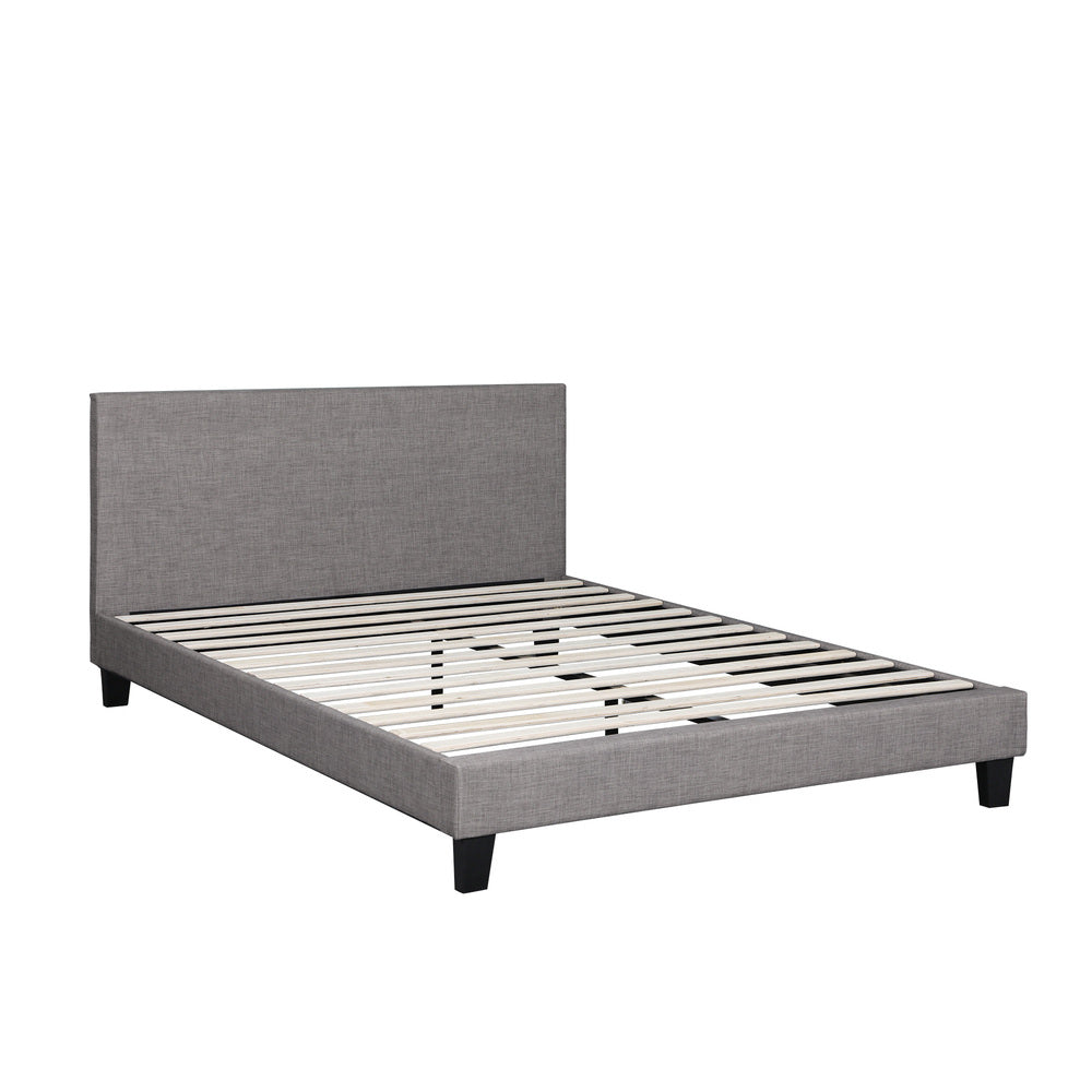 Grey Fabric Bed Frame with Wooden Slats and Sturdy Modern Design