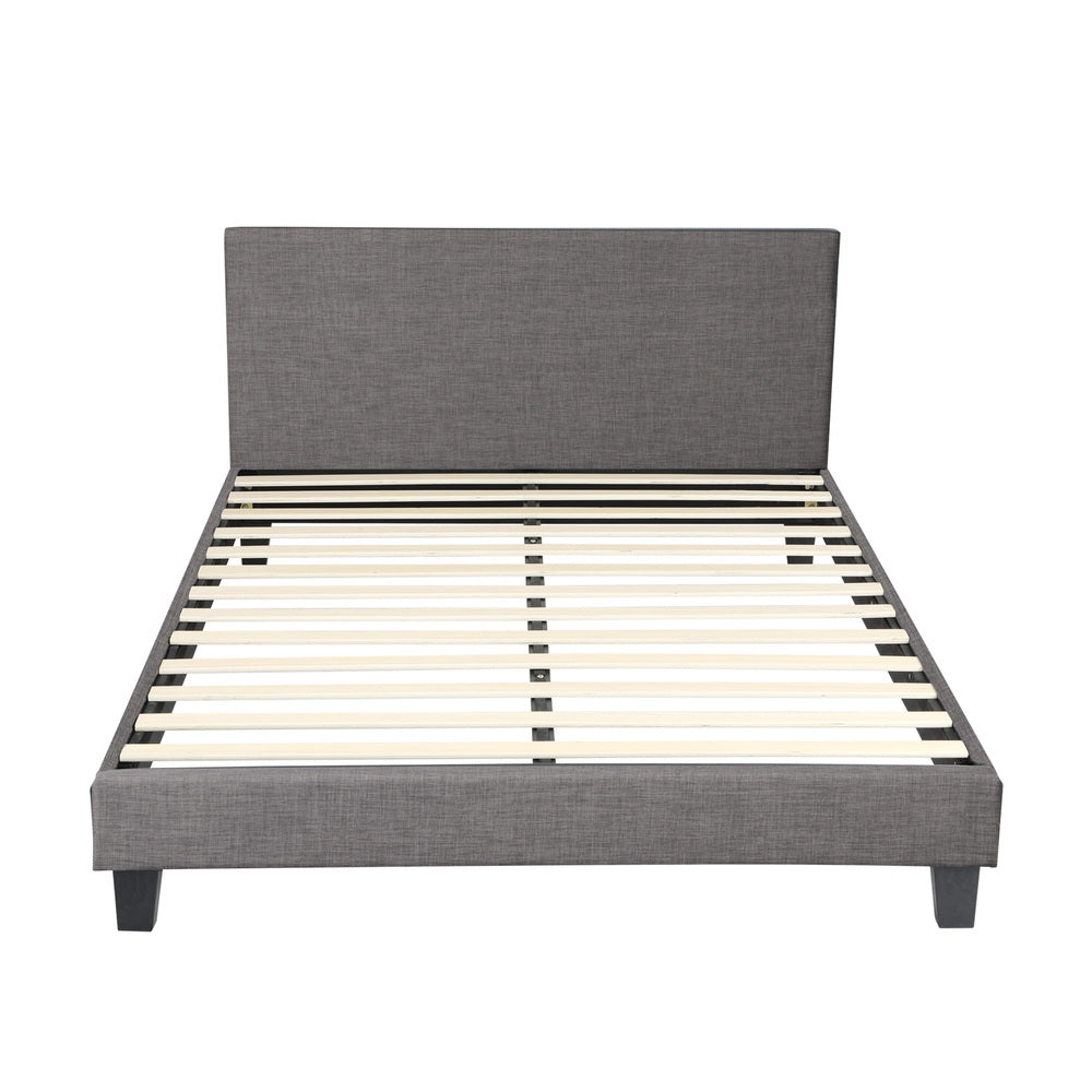 Grey Fabric Bed Frame with Wooden Slats and Sturdy Modern Design