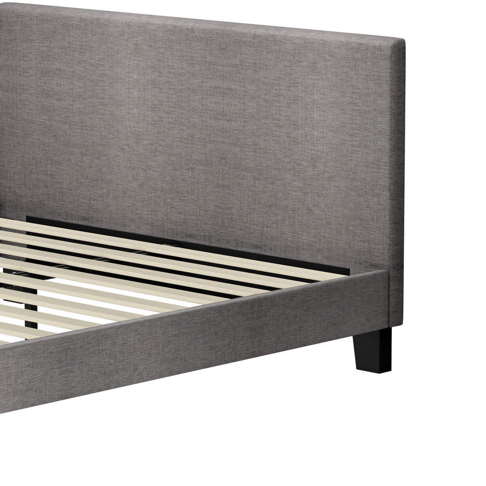 Grey Fabric Bed Frame with Wooden Slats and Sturdy Modern Design