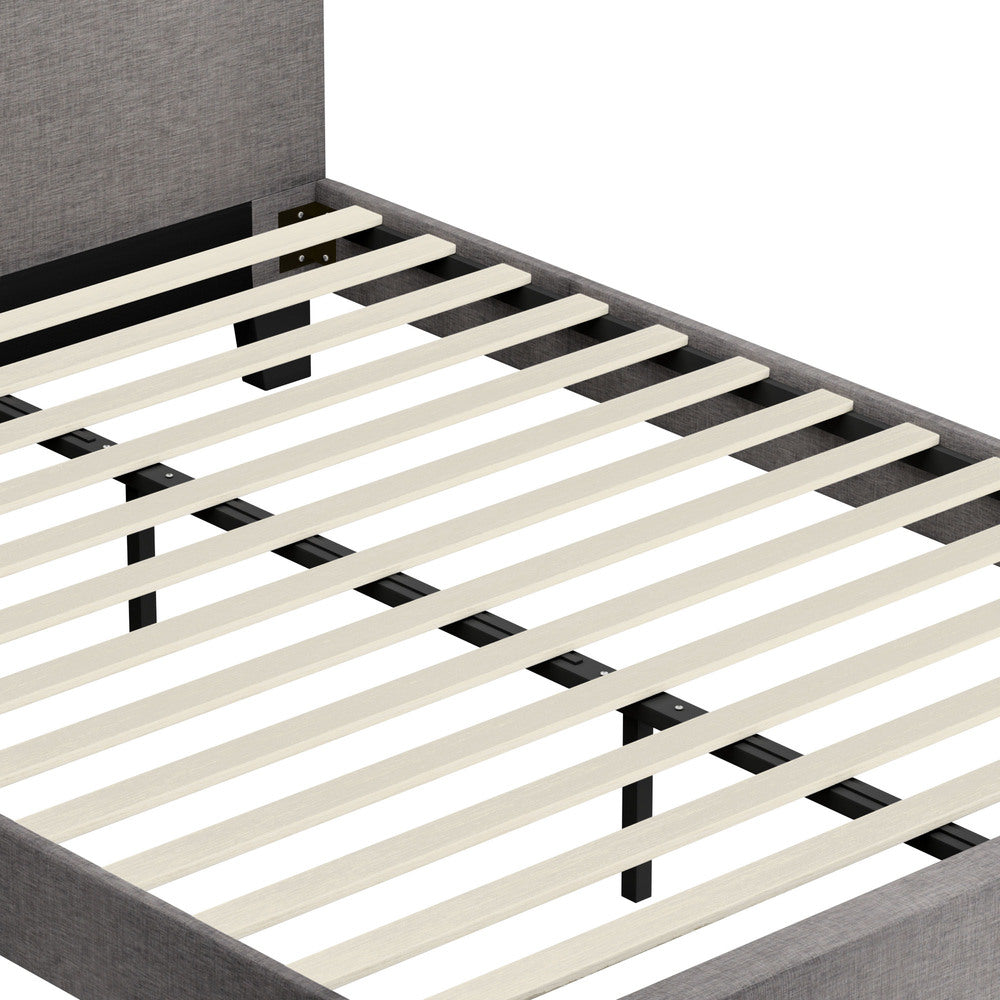 Grey Fabric Bed Frame with Wooden Slats and Sturdy Modern Design