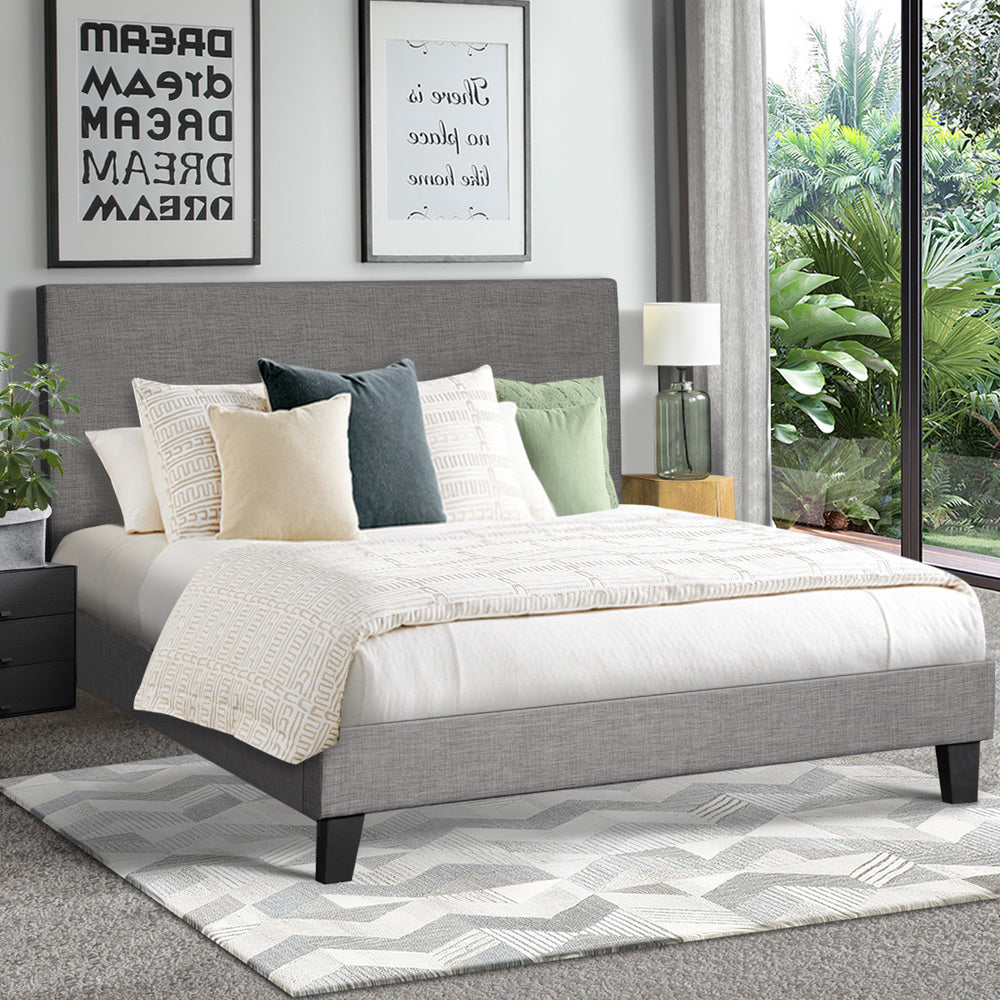 Grey Fabric Bed Frame with Wooden Slats and Sturdy Modern Design