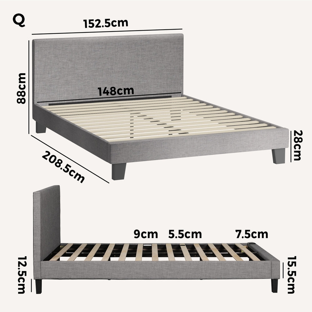 Grey Fabric Bed Frame with Wooden Slats and Sturdy Modern Design