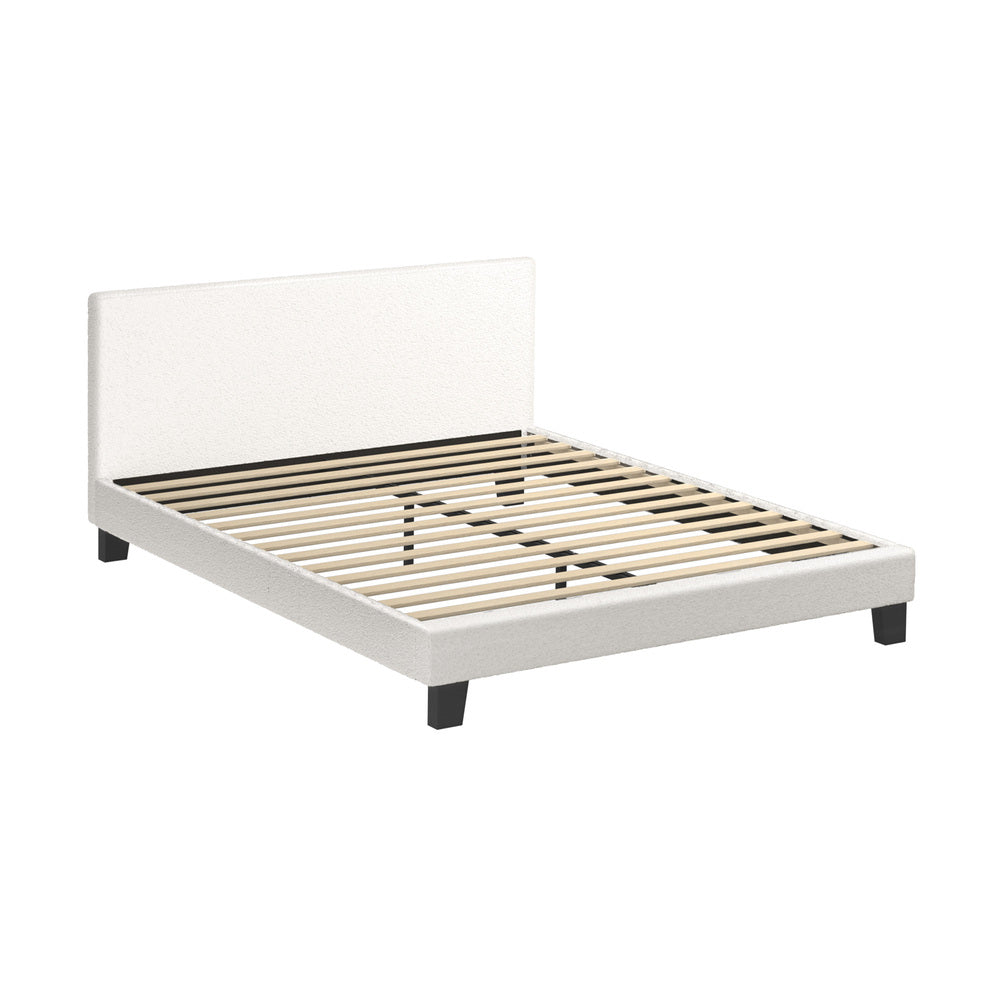White Boucle Fabric Bed Frame with Wooden Slats and Stylish Design Queen
