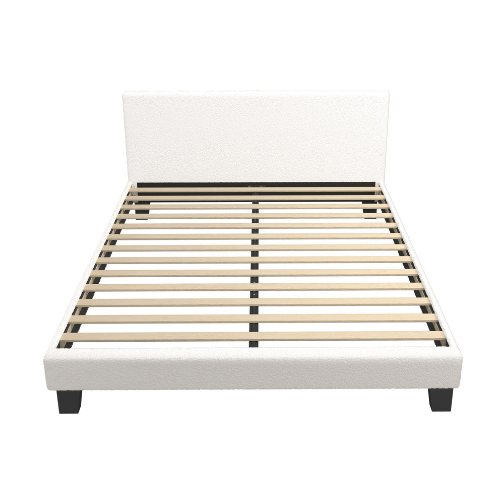 White Boucle Fabric Bed Frame with Wooden Slats and Stylish Design Queen