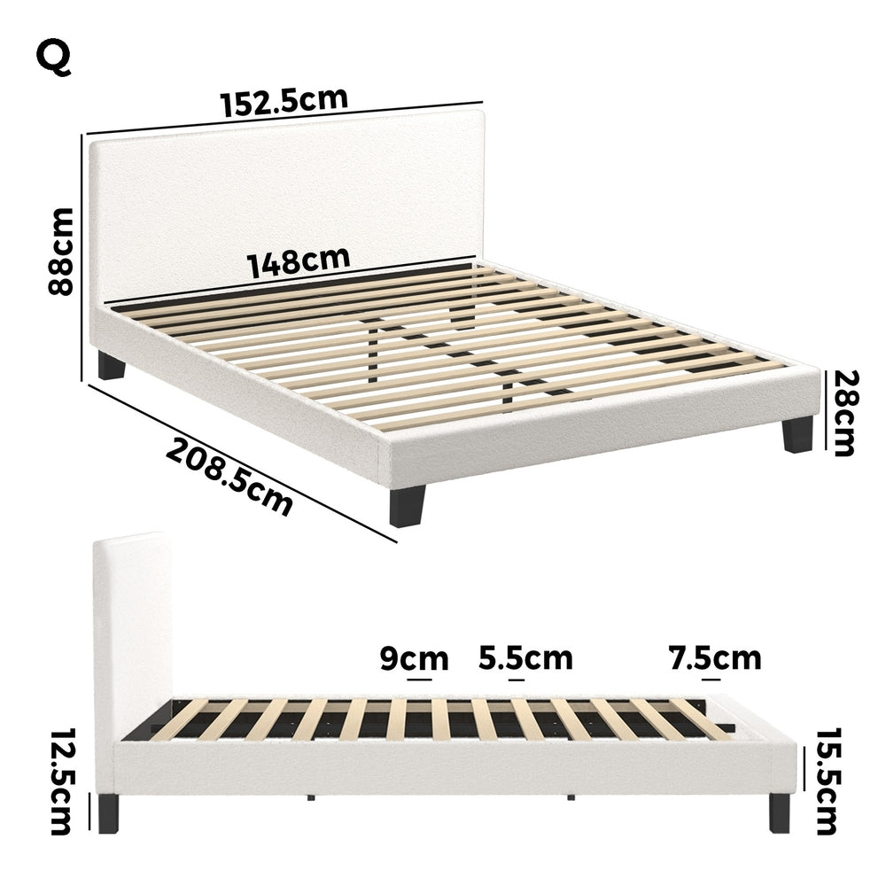 White Boucle Fabric Bed Frame with Wooden Slats and Stylish Design Queen