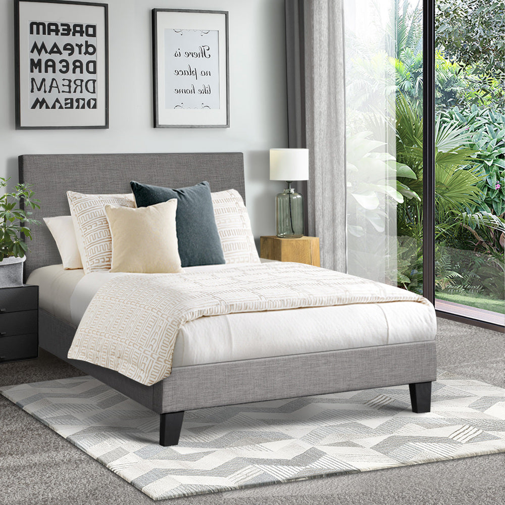 Contemporary Platform Bed with Grey Fabric and Wooden Slats for King Size Mattress