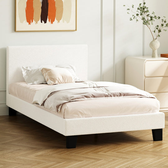 White Boucle Fabric Bed Frame with Wooden Slats and