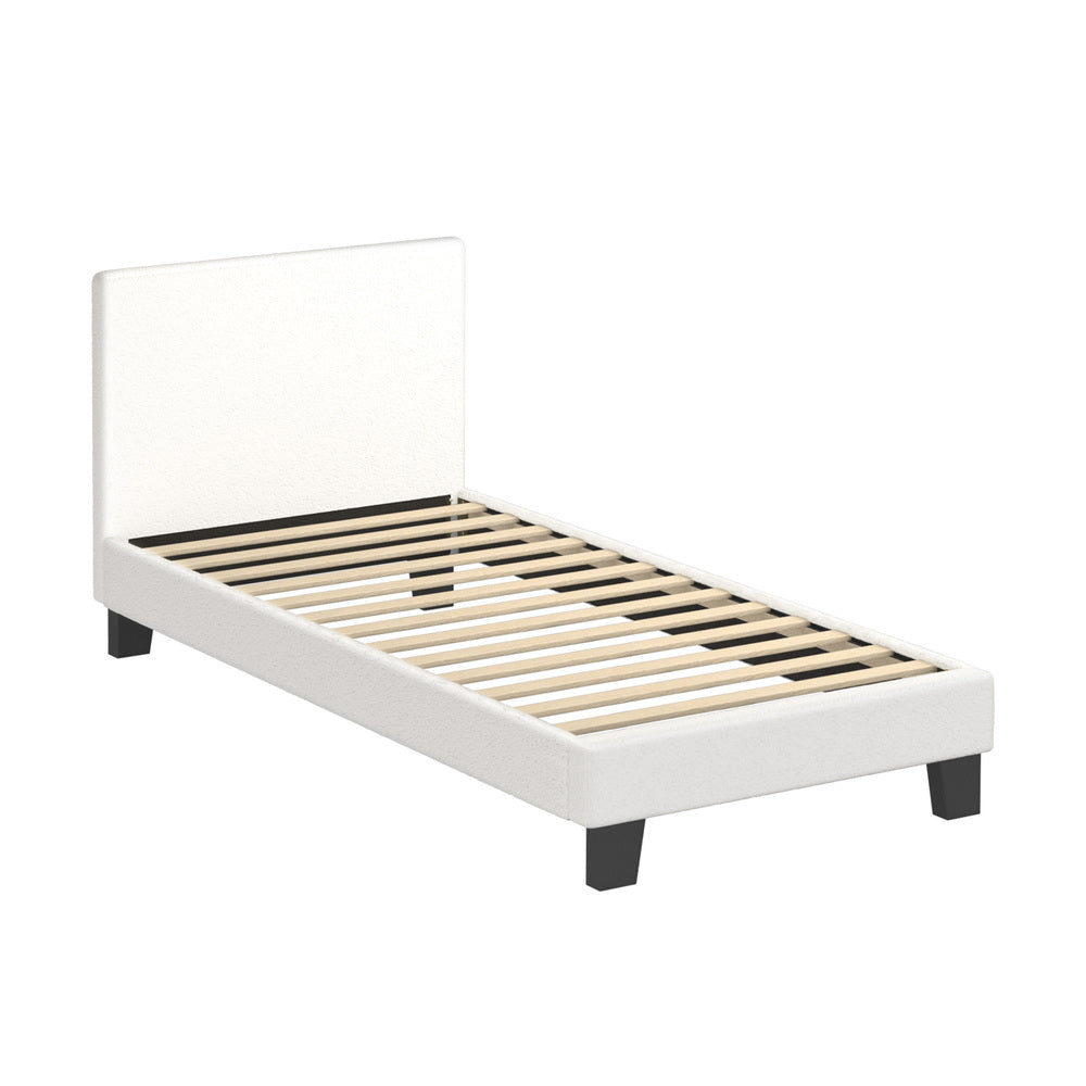 White Boucle Fabric Bed Frame with Wooden Slats and Contemporary Design Single
