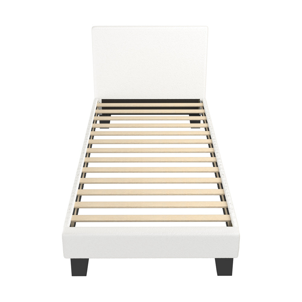 White Boucle Fabric Bed Frame with Wooden Slats and Contemporary Design Single