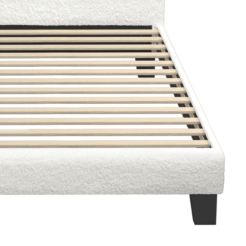 White Boucle Fabric Bed Frame with Wooden Slats and Contemporary Design Single