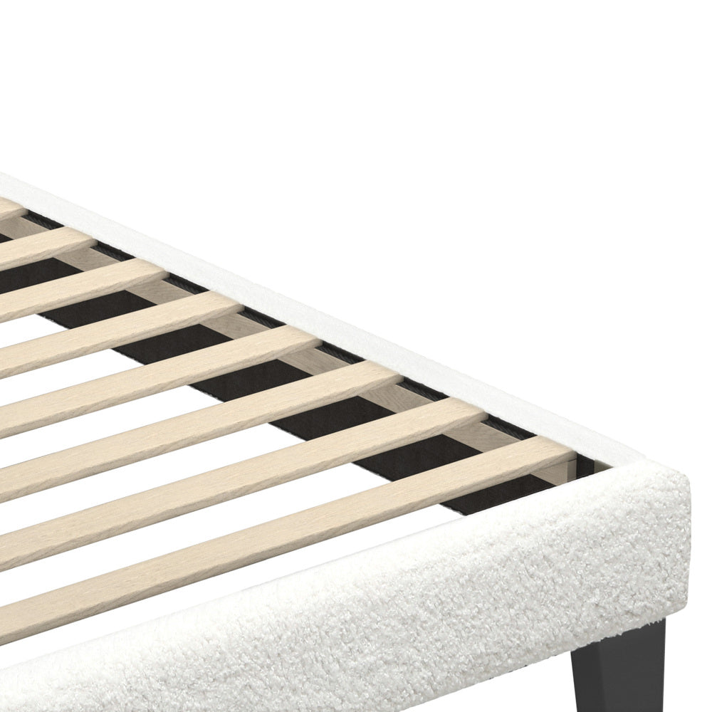 White Boucle Fabric Bed Frame with Wooden Slats and Contemporary Design Single