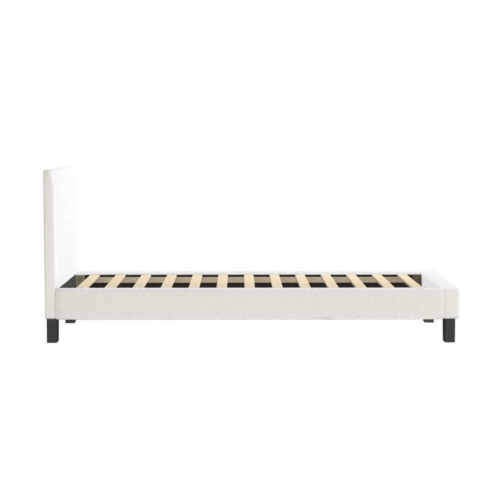 White Boucle Fabric Bed Frame with Wooden Slats and Contemporary Design Single