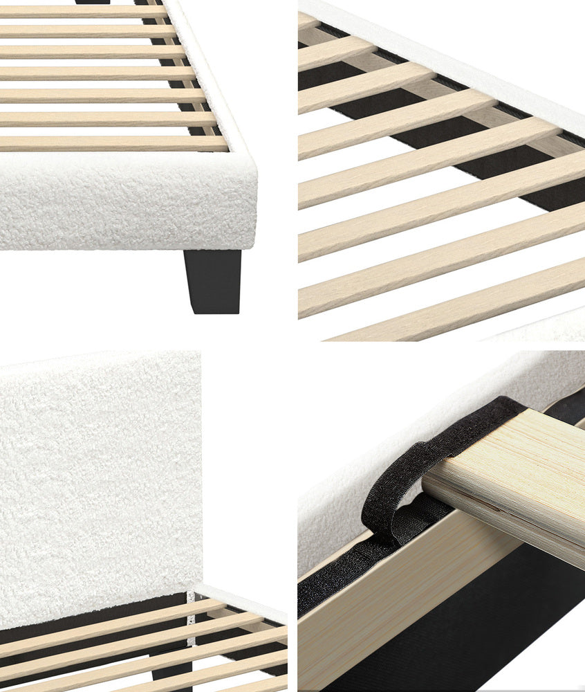 White Boucle Fabric Bed Frame with Wooden Slats and Contemporary Design Single