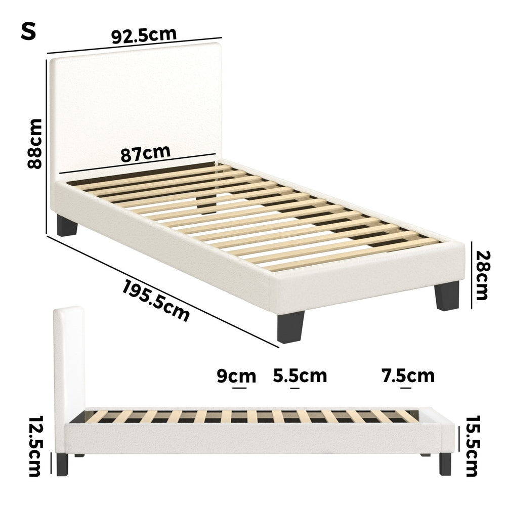 White Boucle Fabric Bed Frame with Wooden Slats and Contemporary Design Single