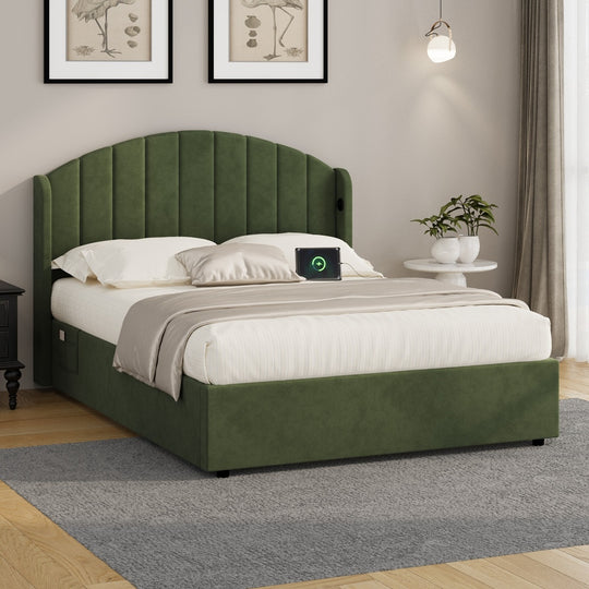 Bed Frame Double With Gas Lift Storage USB Charging Velvet
