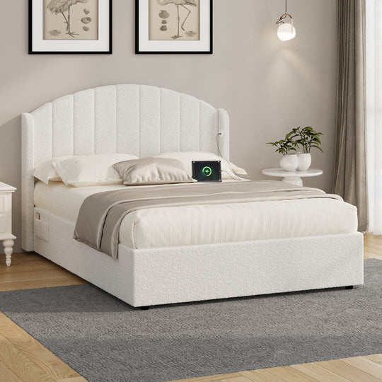 Bed Frame Double With Gas Lift Storage USB Charging Boucle