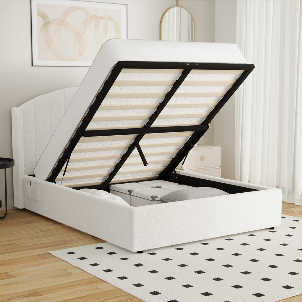 Bed Frame Double With Gas Lift Storage USB Charging Boucle