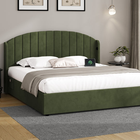 Bed Frame King Size With Gas Lift Storage USB Charging Velvet