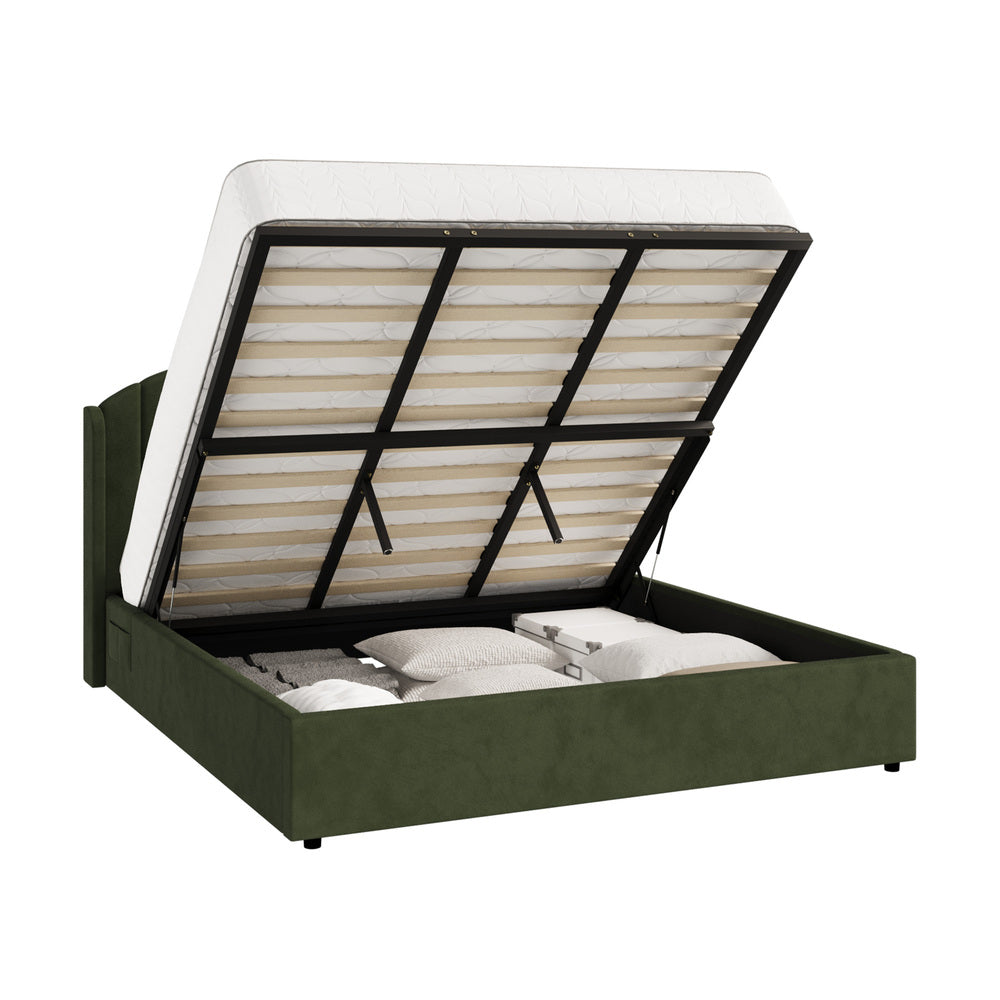 Bed Frame King Size With Gas Lift Storage USB Charging Velvet