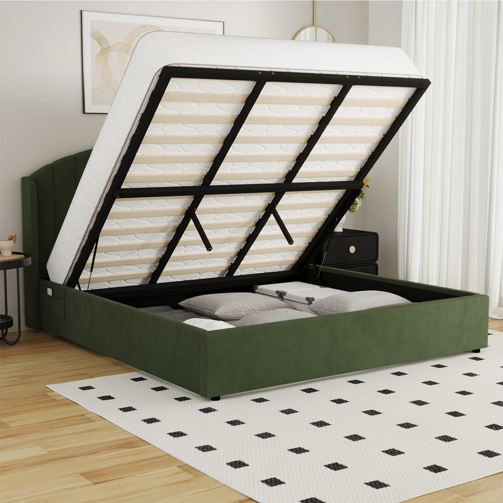 Bed Frame King Size With Gas Lift Storage USB Charging Velvet
