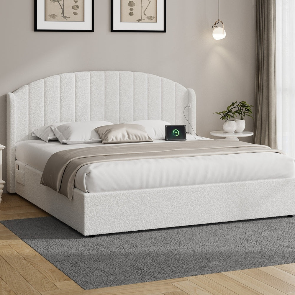 Bed Frame King With Gas Lift Storage USB Charging Boucle