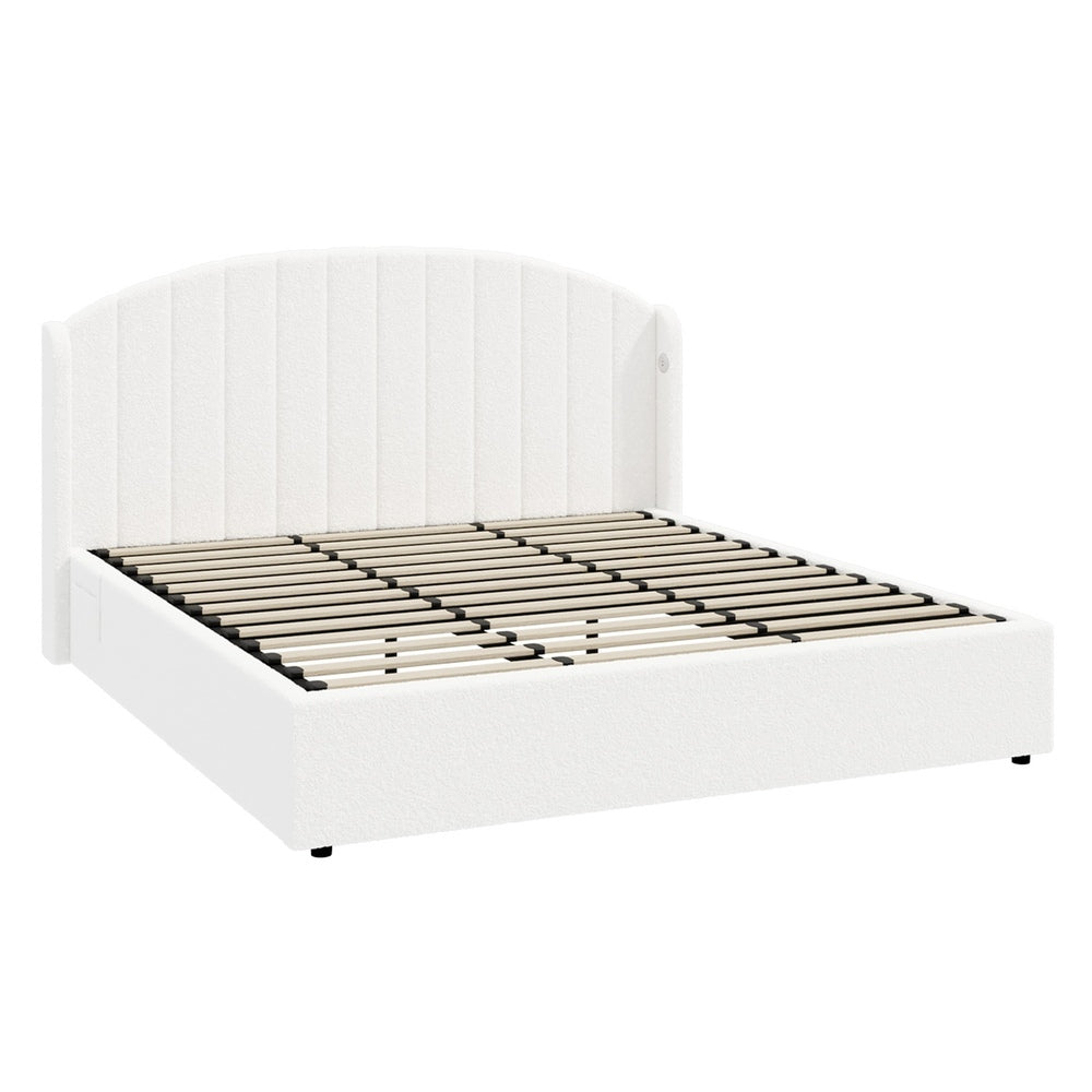 Bed Frame King With Gas Lift Storage USB Charging Boucle