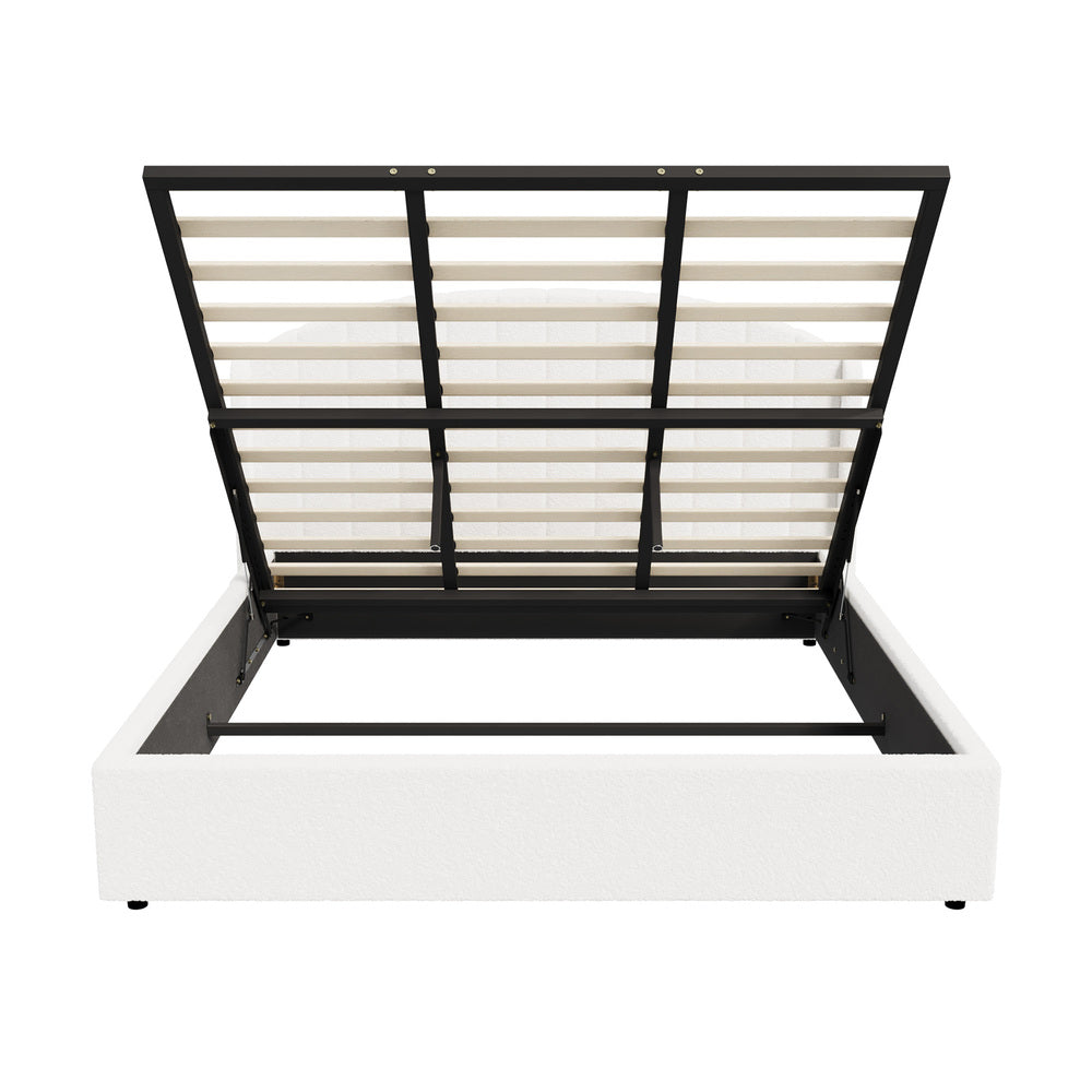 Bed Frame King With Gas Lift Storage USB Charging Boucle