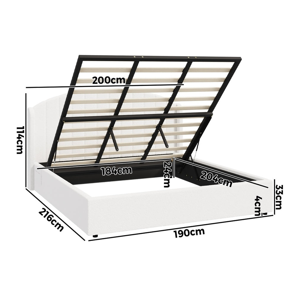 Bed Frame King With Gas Lift Storage USB Charging Boucle