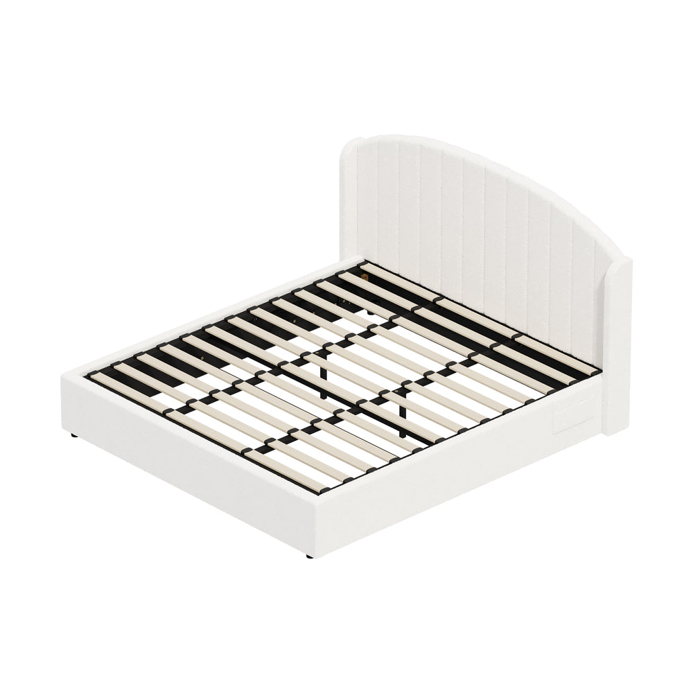 Bed Frame King With Gas Lift Storage USB Charging Boucle